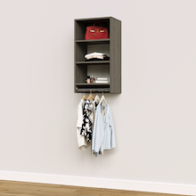 Grey medium hanging closet module with jackets on a hanging rod below and folded items on three upper shelves.