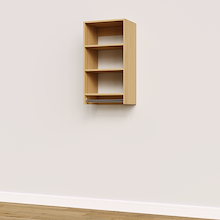 Natural oak medium hanging closet module with three upper shelves and a hanging rod below for built-in closet systems.