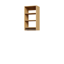 Natural oak hanging closet module with three upper shelves and a hanging rod below for small bedroom closet organization.