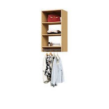 Natural oak medium hanging closet with three upper shelves and a hanging rod below for closet organization.