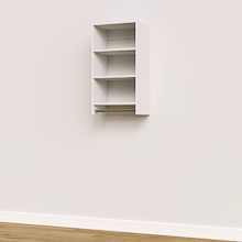 White medium hanging closet module with three upper shelves and a hanging rod for built-in closet systems.