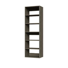 Grey 21 inch shelf tower for streamlined storage in a reach-in wardrobe.