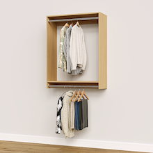 34.5 inch double hanging closet in natural oak for mudroom coat storage.