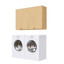 Natural Oak Basic Laundry Kit with storage doors and overhead shelving installed above a washer and dryer for organized laundry room storage. Yes