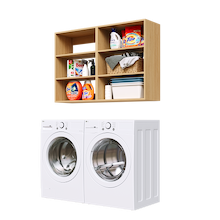 Natural Oak Basic Laundry Kit featuring open overhead shelving designed for efficient laundry room organization. No
