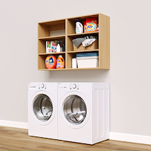 Natural Oak Basic Laundry Kit with open overhead shelving installed above a washer and dryer for organized laundry room storage. No