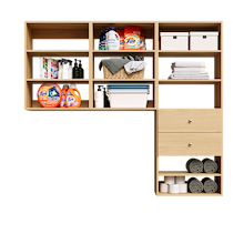 Natural Oak Choice Laundry Kit with built-in drawers and overhead shelves to keep laundry supplies within easy reach.