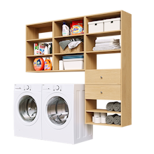 Natural Oak Choice Laundry Kit featuring a shelf tower with two drawers and upper storage shelves for utility room storage.