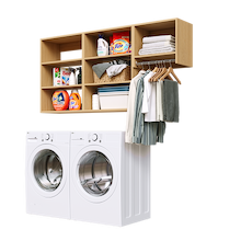 Natural Oak Classic Laundry Kit featuring a clothes hanging rod and upper storage shelves for overhead laundry storage.