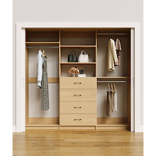 Natural Oak closet storage system 90 inch for maximizing dress, coat and long garment storage