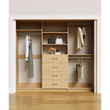 Natural Oak closet storage system 96 inch for extensive dress, coat and long garment storage