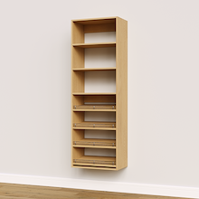 Natural oak shoe tower featuring mixed 4 slanted shelves and straight shelves for efficient shoe storage.