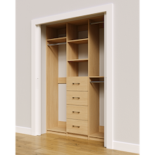 Natural Oak custom closet system 60 inch with drawers and shelves for efficient reach-in storage