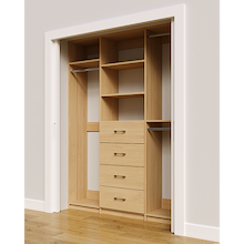 Natural Oak custom closet system 66 inch with drawers and shelves for compact closets