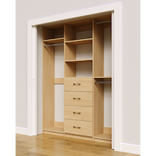 Natural Oak custom closet system 69 inch with drawers and shelves for reach-in closet organization