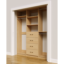 Natural Oak custom closet system 72 inch with drawers and shelving for complete wardrobe organization