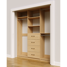 Natural Oak custom closet system 75 inch with drawers and shelving for large wardrobe organization