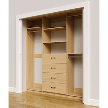 Natural Oak custom closet system 81 inch with drawers and shelving for seasonal clothing storage