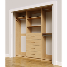 Natural Oak custom closet system 84 inch with drawers and shelving for clothing and accessory storage