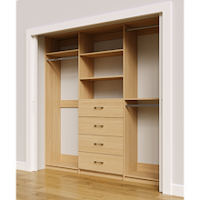 Natural Oak custom closet system 87 inch with drawers and shelving for spacious clothing storage