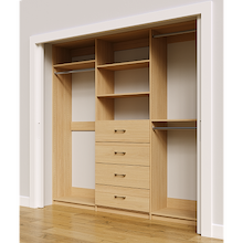Natural Oak custom closet system 90 inch with drawers and shelving for high-capacity clothing storage