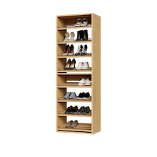 Natural oak shoe tower with 8 slanted shelves for dress shoes and loafers.