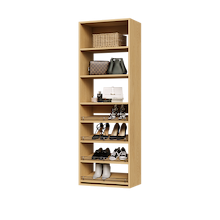 Natural oak shoe tower with 4 slanted shelves for angled and flat shoe storage.
