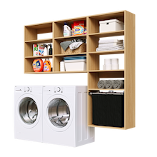 Natural Oak Select Laundry Kit featuring a shelf tower with a pull-out hamper for laundry room organization.