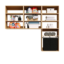 Natural Oak Select Laundry Kit with a pull-out hamper and upper storage shelves to keep laundry supplies within easy reach.