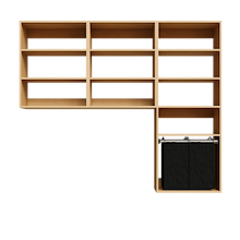 Natural Oak Select Laundry Kit with a shelf tower with a pull-out hamper and overhead laundry shelving providing utility room organization.