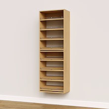 Natural oak shoe tower featuring 8 slanted shelves for flats, heels, and sneaker storage.
