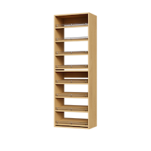 Natural oak shoe shelving with 8 slanted shelves for visible footwear organization.