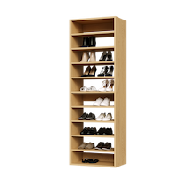 Natural oak shoe tower with 10 straight shelves for compact footwear storage in small bedroom closets.
