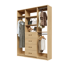 Natural Oak Ultimate closet organizer 63 inch with drawers, shelving and efficient reach-in hanging storage