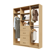 Natural Oak Ultimate closet organizer 69 inch with drawers, shelving and organized clothing hanging storage