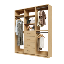 Natural Oak Ultimate closet organizer 72 inch with drawers, shelving and long hanging storage for dresses