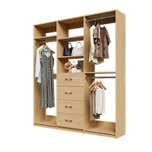 Natural Oak Ultimate closet organizer 75 inch with drawers, shelving and long hanging storage for coats