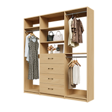 Natural Oak Ultimate closet organizer 78 inch with drawers, shelving and organized clothing hanging storage