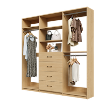 Natural Oak Ultimate closet organizer 84 inch with drawers, shelving and generous clothing hanging storage
