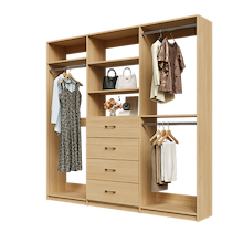 Natural Oak Ultimate closet organizer 87 inch with drawers, shelving and extensive wardrobe hanging storage