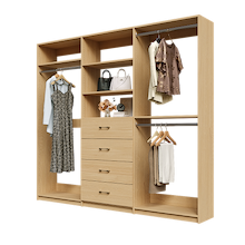 Natural Oak Ultimate closet organizer 96 inch with drawers, shelving and maximum long hanging storage