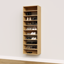 Natural oak shoe organizer featuring 10 straight shelves for vertical storage of shoes and boots in a walk-in closet.