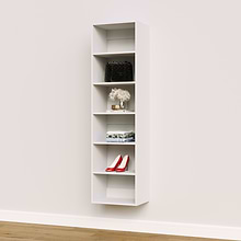 White 18 inch shelf tower for baby clothes in a nursery closet.