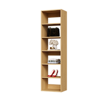 Natural oak 18 inch shelf tower for folded towels in a linen closet.