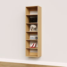 Natural oak 18 inch wardrobe shelving for space-saving storage in a walk-in closet.