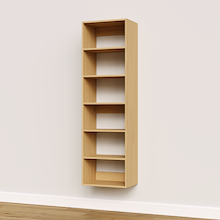 Natural oak 19.5 inch shelf tower installed as part of a master closet system.