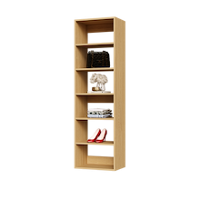 Natural oak 19.5 inch shelving for stacked clothes storage in a guest bedroom.