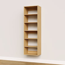 Natural oak 21 inch shelf tower used for built-in master closet organization.