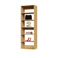 Natural oak 22.5 inch shelf tower for folded linens in a hallway.