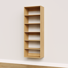 Natural oak 24 inch shelf tower used for wide walk-in closet organization.